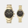 His and Her Couple Quartz Black Dial Chronograph Stainless Steel Watch BQ2400SET