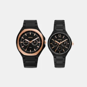 His and Her Couple Quartz Black Dial Multi-Function Stainless Steel Watch BQ2645SET