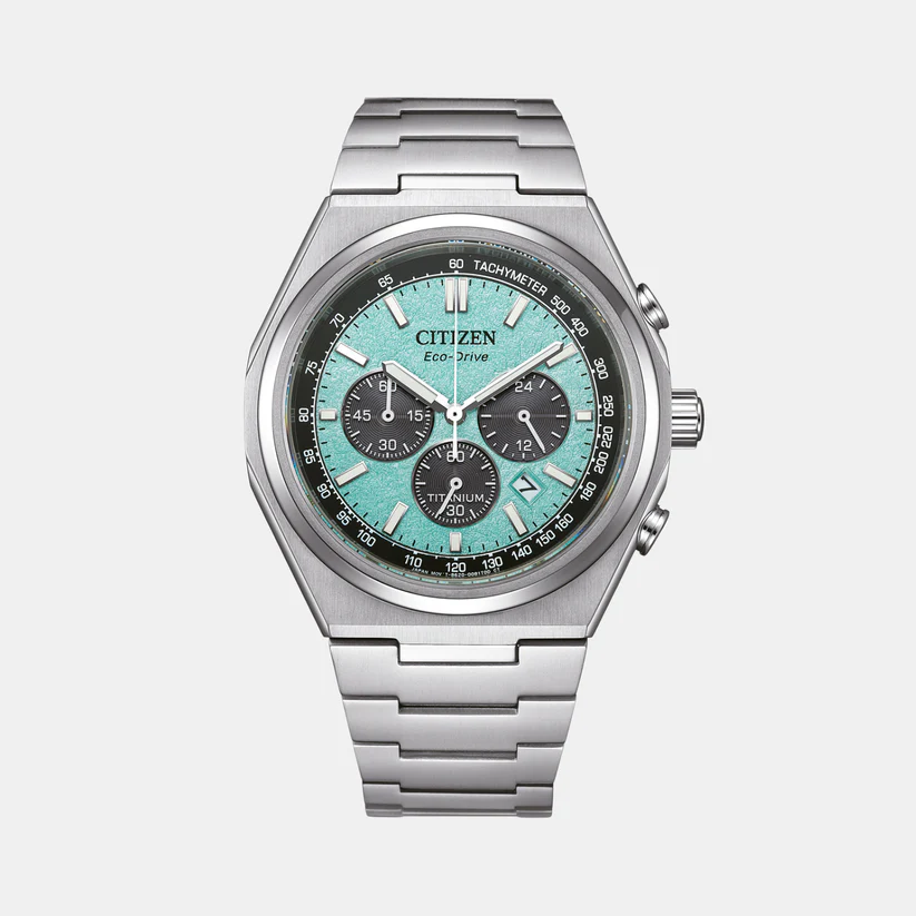 Zenshin Men Eco-Drive Light Blue Dial Chronograph Titanium Watch