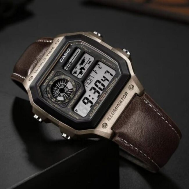 Youth AE1200 Men’s Black Digital Quartz Watch with Leather Belt Strap